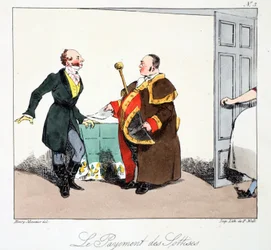 O pagamento da loucura, ilustração de "Mores Administrativos, Desenhados da Natureza", de Henri Monnier, litografada por Delpech, pub. Paris, c.1828 (litho colorido à mão)